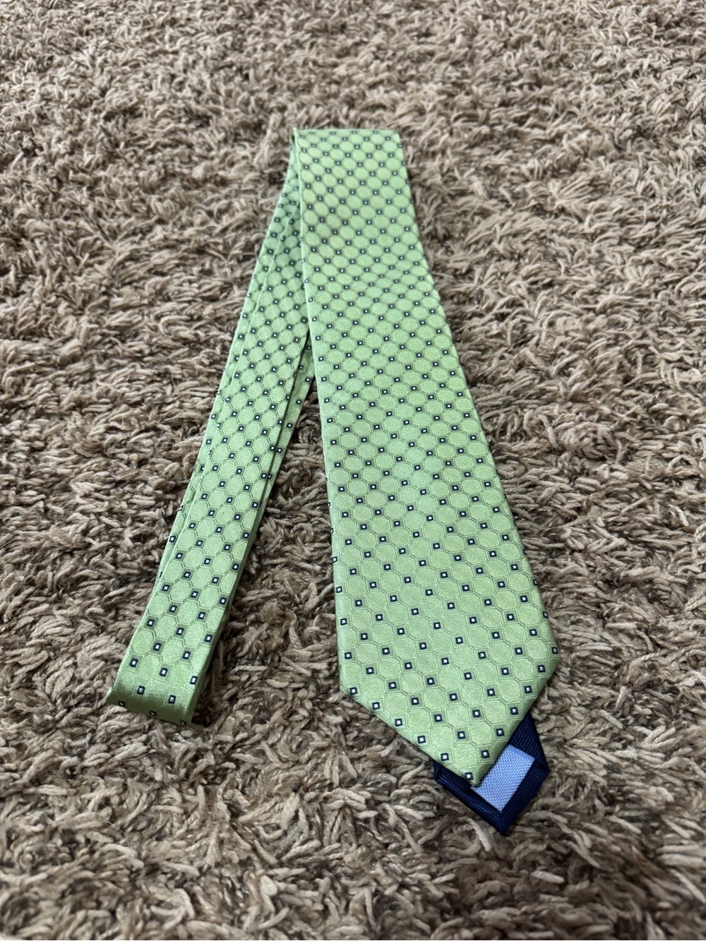 Tommy Hilfiger Light Green Silk Tie with Navy Micro-Dot Pattern